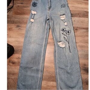 Hollister Blue Floral Embroidered Straight Leg Jeans